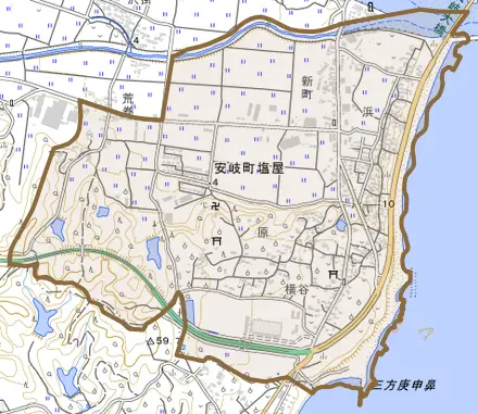 安岐町塩屋とその周辺の地図。町の範囲を重ねている