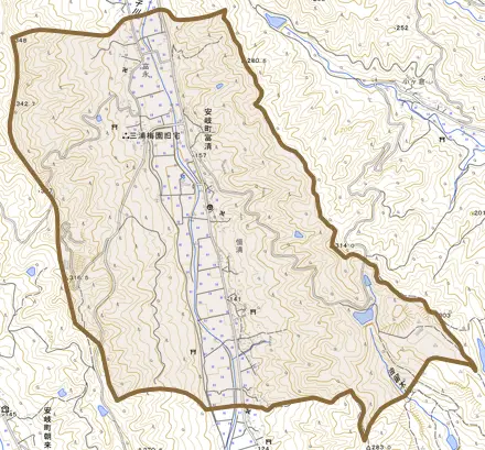 安岐町富清とその周辺の地図。町の範囲を重ねている