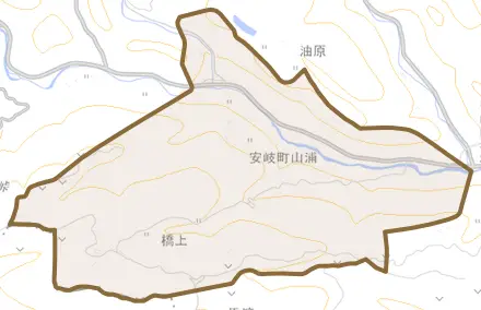 安岐町山浦とその周辺の地図。町の範囲を重ねている