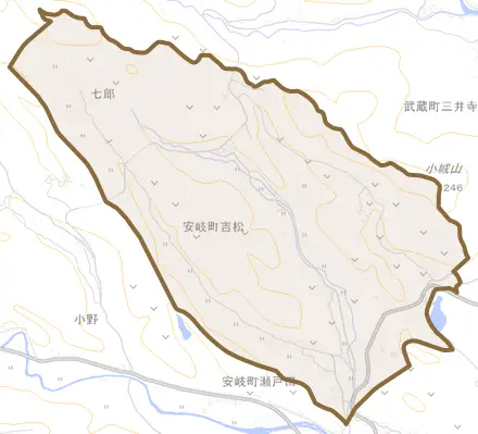 安岐町吉松とその周辺の地図。町の範囲を重ねている
