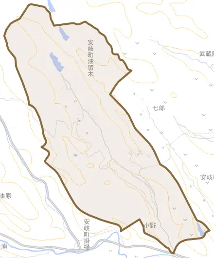 安岐町油留木とその周辺の地図。町の範囲を重ねている