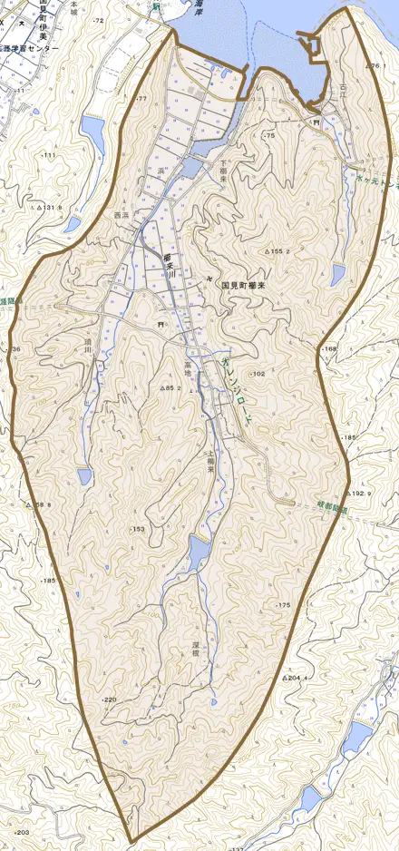 国見町櫛来とその周辺の地図。町の範囲を重ねている