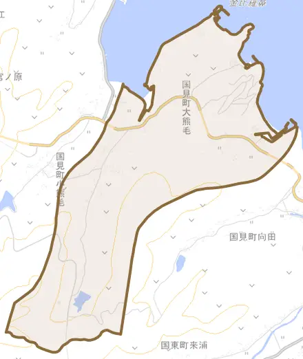 国見町大熊毛とその周辺の地図。町の範囲を重ねている