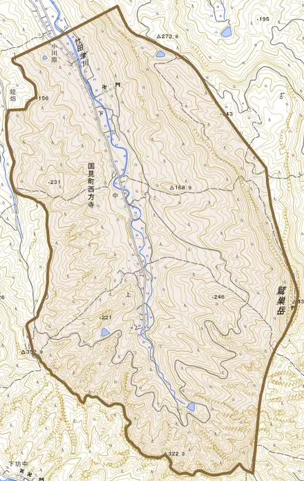 国見町西方寺とその周辺の地図。町の範囲を重ねている