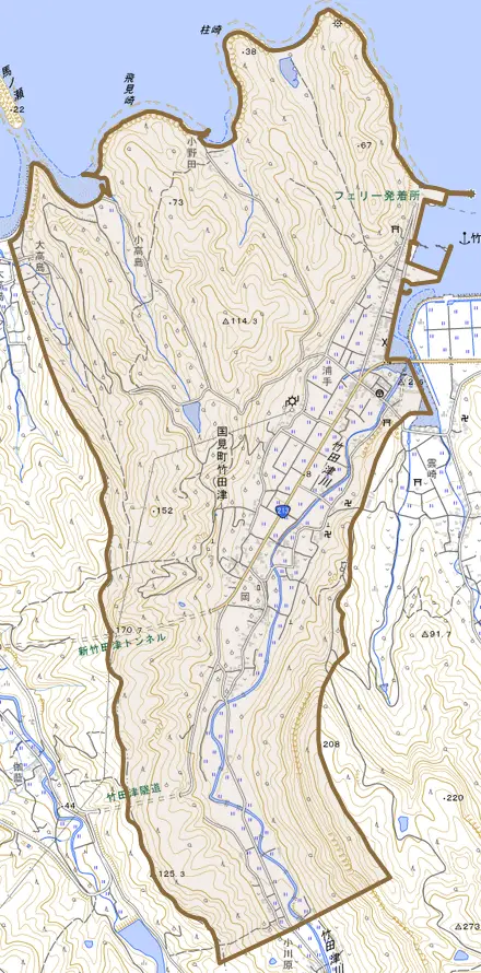 国見町竹田津とその周辺の地図。町の範囲を重ねている