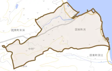 国東町浜とその周辺の地図。町の範囲を重ねている