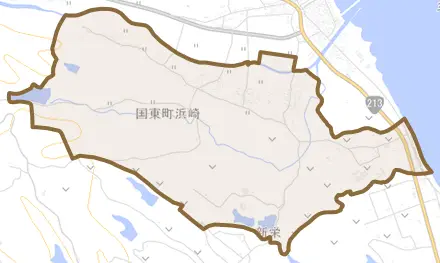 国東町浜崎とその周辺の地図。町の範囲を重ねている