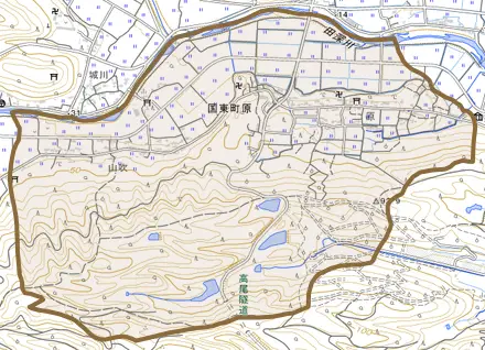 国東町原とその周辺の地図。町の範囲を重ねている
