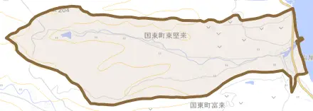 国東町東堅来とその周辺の地図。町の範囲を重ねている