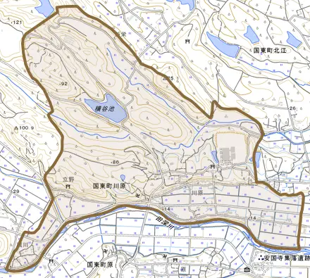 国東町川原とその周辺の地図。町の範囲を重ねている