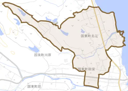 国東町北江とその周辺の地図。町の範囲を重ねている