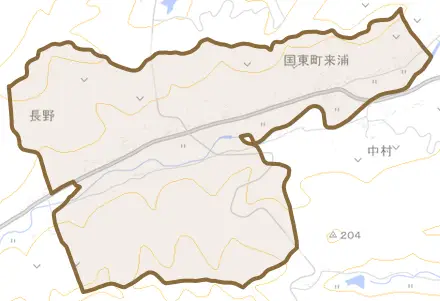 国東町来浦とその周辺の地図。町の範囲を重ねている