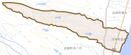 国東町重藤とその周辺の地図。町の範囲を重ねている