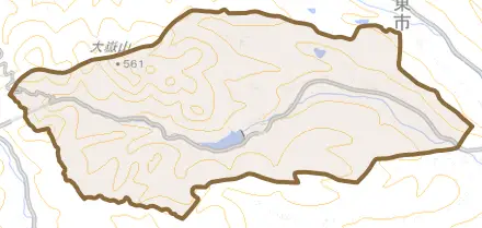 国東町横手とその周辺の地図。町の範囲を重ねている