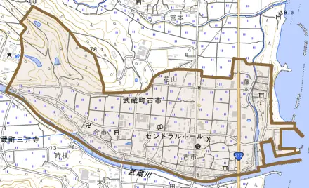 武蔵町古市とその周辺の地図。町の範囲を重ねている