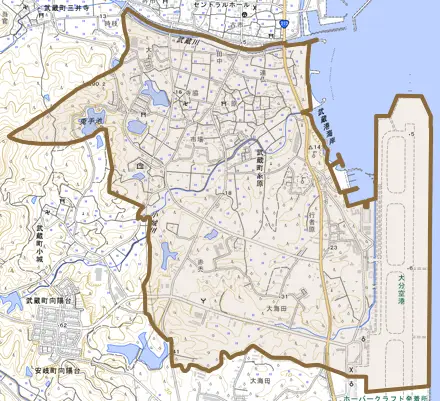 武蔵町糸原とその周辺の地図。町の範囲を重ねている