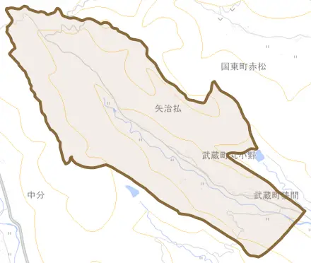 武蔵町丸小野とその周辺の地図。町の範囲を重ねている