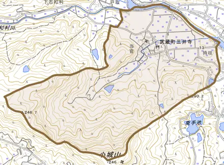 武蔵町三井寺とその周辺の地図。町の範囲を重ねている
