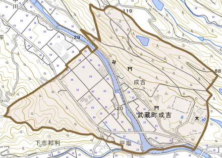 武蔵町成吉とその周辺の地図。町の範囲を重ねている