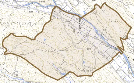 武蔵町手野とその周辺の地図。町の範囲を重ねている