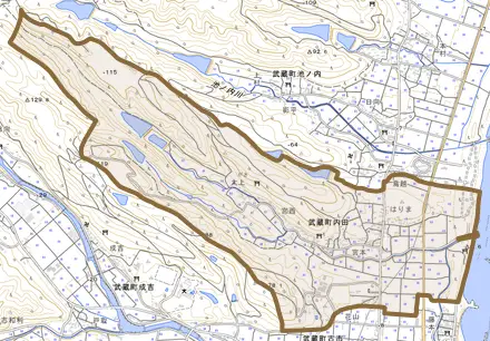 武蔵町内田とその周辺の地図。町の範囲を重ねている