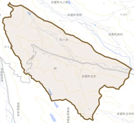 武蔵町吉広とその周辺の地図。町の範囲を重ねている