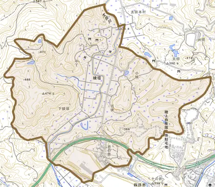 大字綾垣とその周辺の地図。町の範囲を重ねている