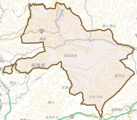 大字日出生とその周辺の地図。町の範囲を重ねている