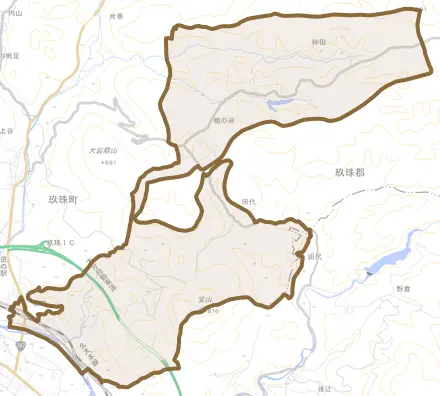 大字岩室とその周辺の地図。町の範囲を重ねている