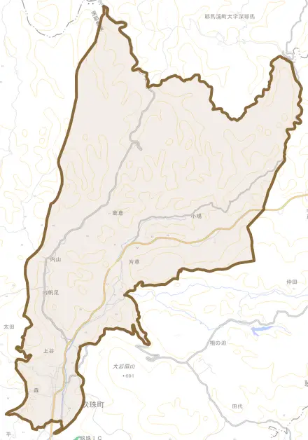 大字森とその周辺の地図。町の範囲を重ねている