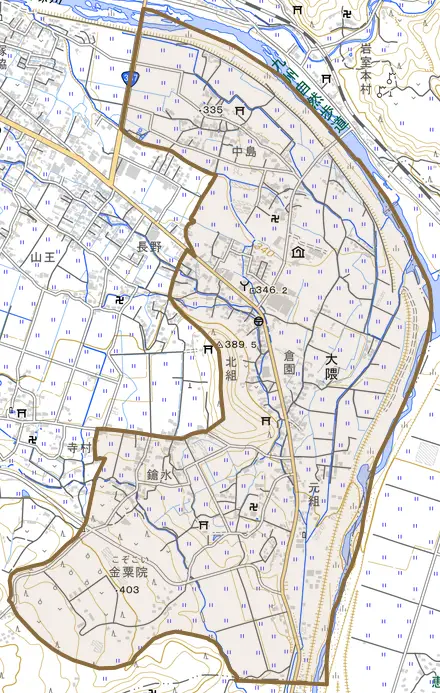 大字大隈とその周辺の地図。町の範囲を重ねている