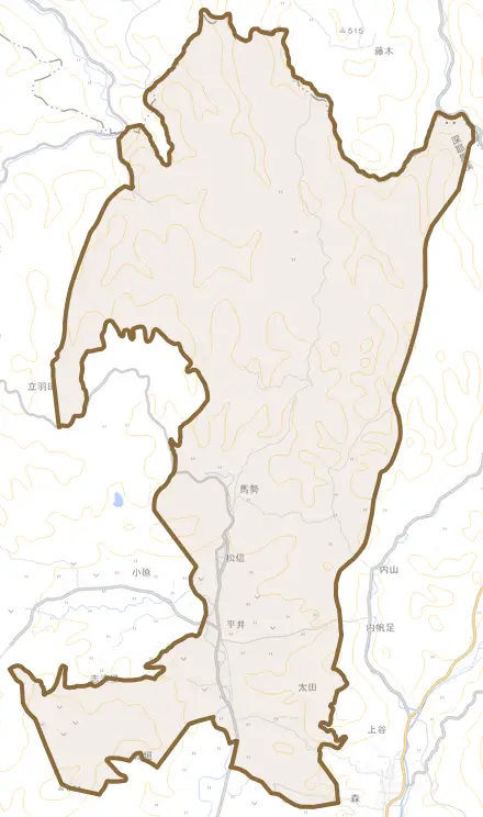 大字太田とその周辺の地図。町の範囲を重ねている