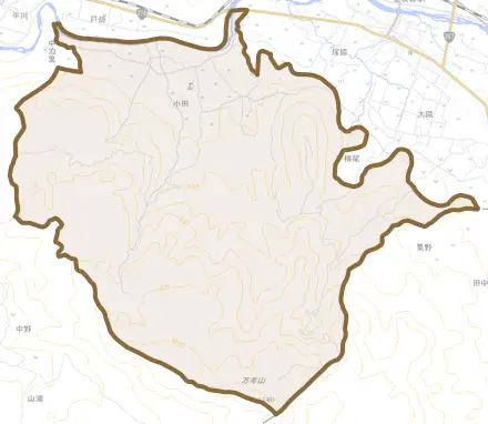 大字小田とその周辺の地図。町の範囲を重ねている