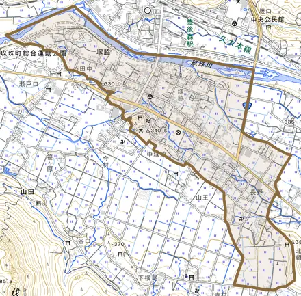 大字塚脇とその周辺の地図。町の範囲を重ねている