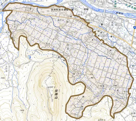 大字山田とその周辺の地図。町の範囲を重ねている