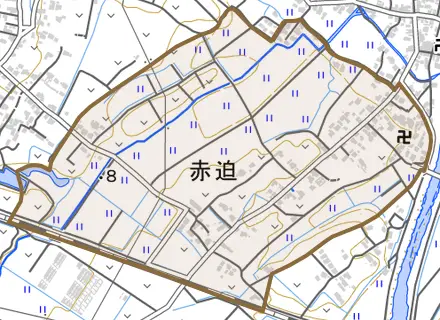 大字赤迫とその周辺の地図。町の範囲を重ねている
