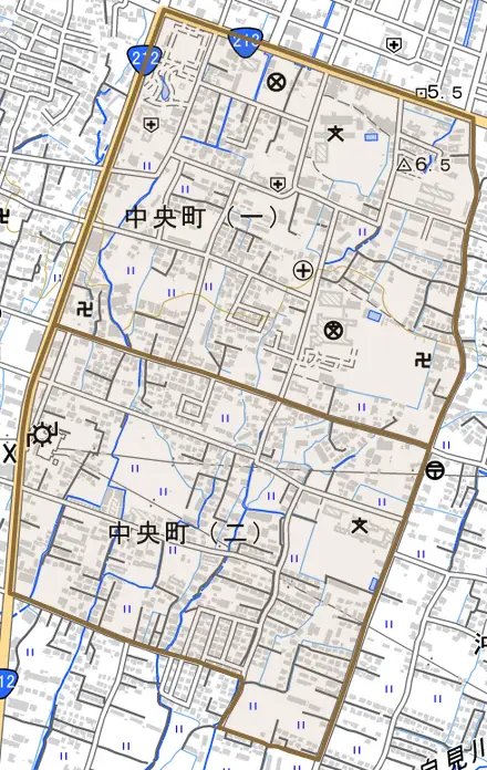 中央町とその周辺の地図。町の範囲を重ねている
