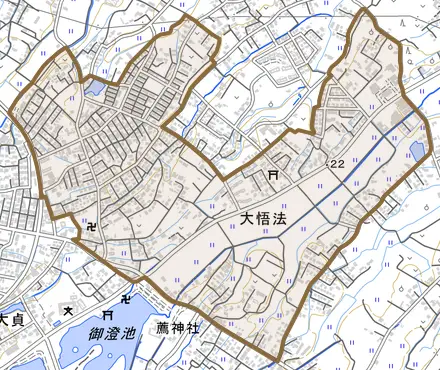 大字大悟法とその周辺の地図。町の範囲を重ねている