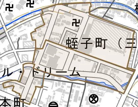 蛭子町とその周辺の地図。町の範囲を重ねている