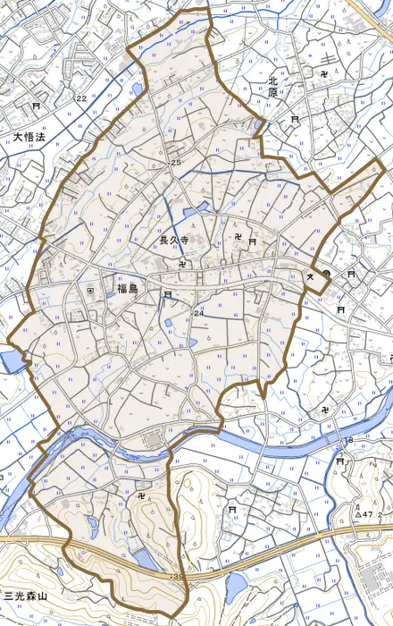 大字福島とその周辺の地図。町の範囲を重ねている