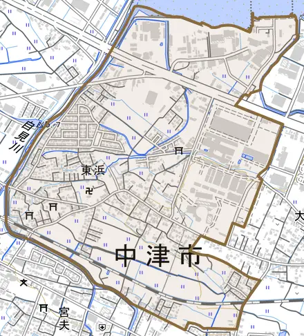 大字東浜とその周辺の地図。町の範囲を重ねている