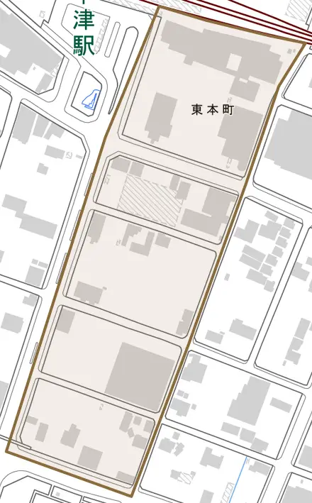 東本町とその周辺の地図。町の範囲を重ねている