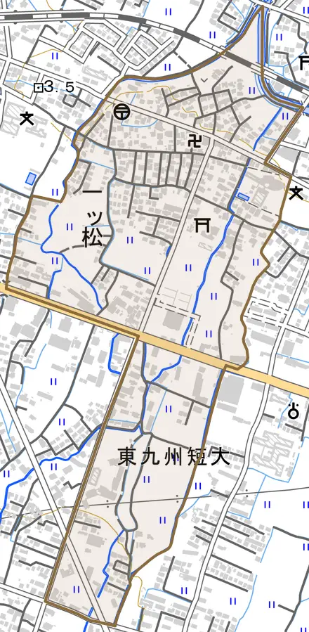 大字一ツ松とその周辺の地図。町の範囲を重ねている