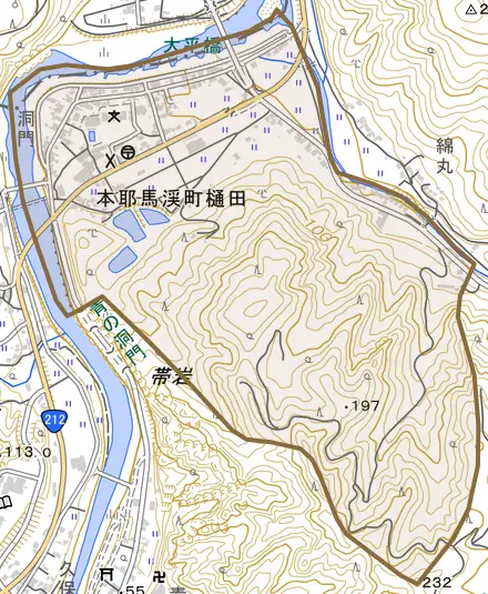 本耶馬渓町樋田とその周辺の地図。町の範囲を重ねている