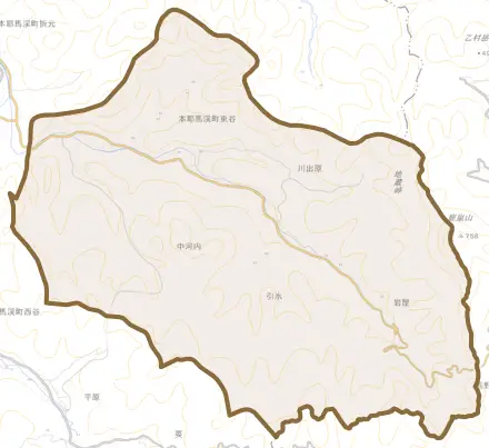 本耶馬渓町東谷とその周辺の地図。町の範囲を重ねている
