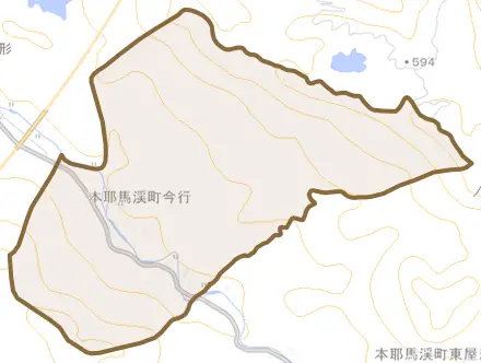 本耶馬渓町今行とその周辺の地図。町の範囲を重ねている