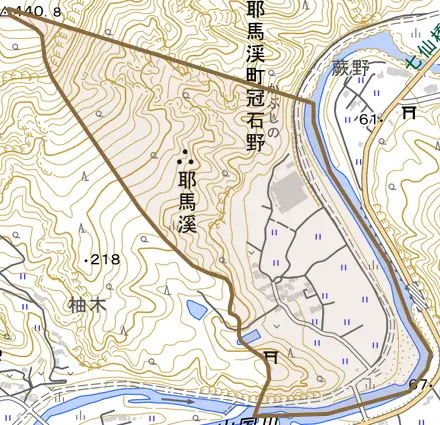 本耶馬渓町冠石野とその周辺の地図。町の範囲を重ねている