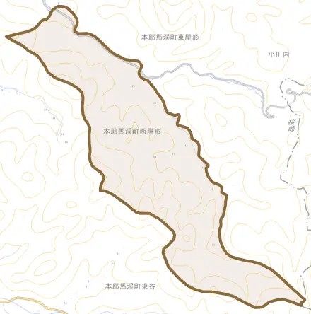本耶馬渓町西屋形とその周辺の地図。町の範囲を重ねている