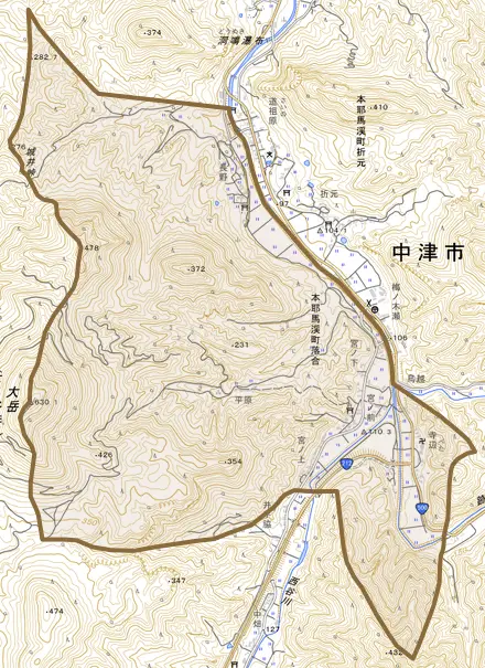 本耶馬渓町落合とその周辺の地図。町の範囲を重ねている