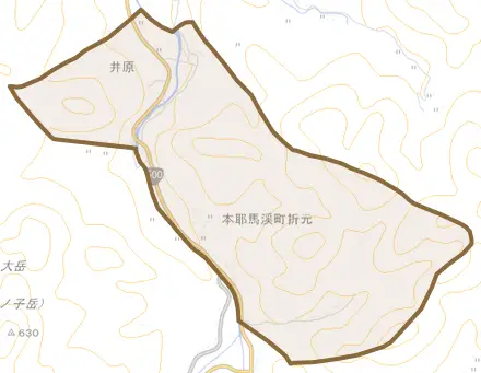 本耶馬渓町折元とその周辺の地図。町の範囲を重ねている